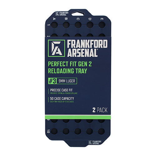 Maximize efficiency with Frankford Arsenal's Perfect Fit Gen 2 Reloading Trays, securely holding 50 cases each, ensuring a snug fit and organized workspace.